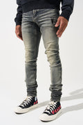 Men's gunmetal-wash slim jeans with ruched ankle cuffs and five-pocket design