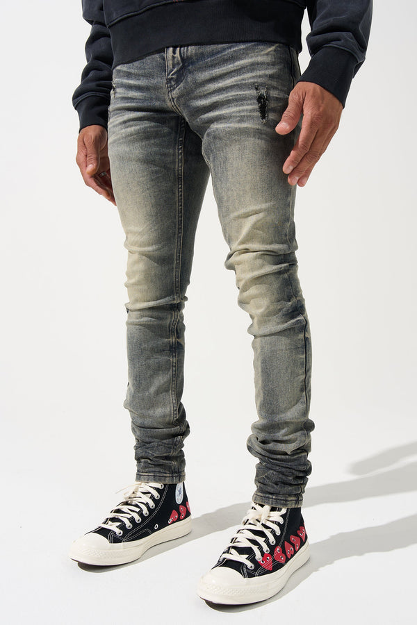 Men's gunmetal-wash slim jeans with ruched ankle cuffs and five-pocket design