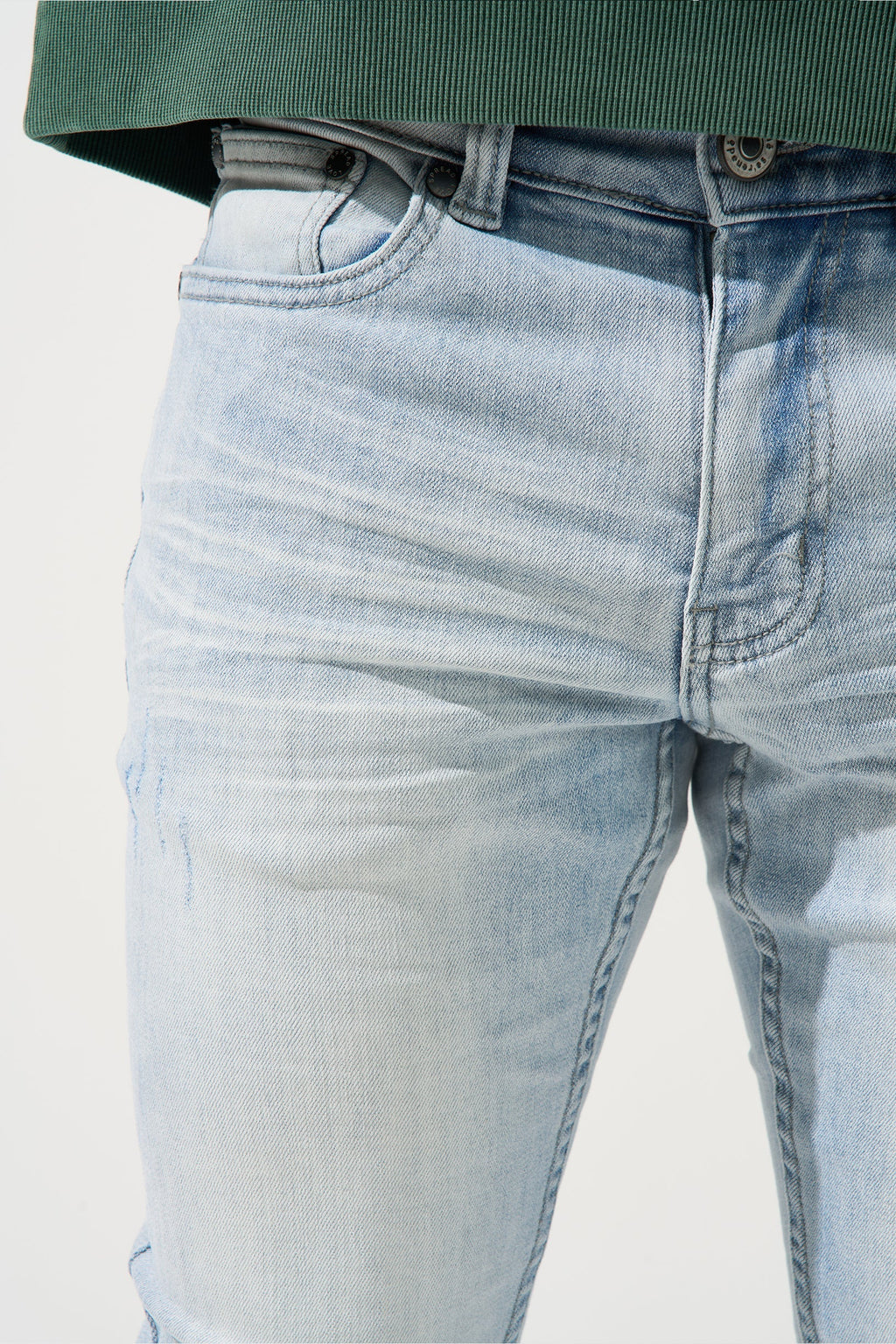 Men's blue ICE jeans, light wash denim with zipper fly and front pockets