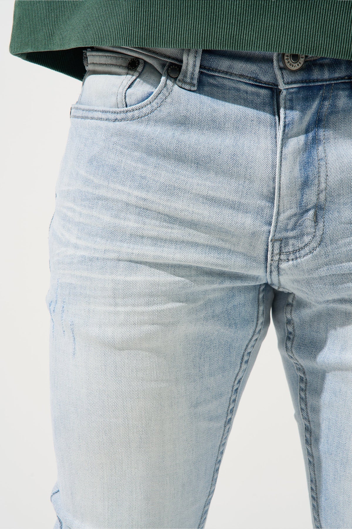 Men's blue ICE jeans, light wash denim with zipper fly and front pockets