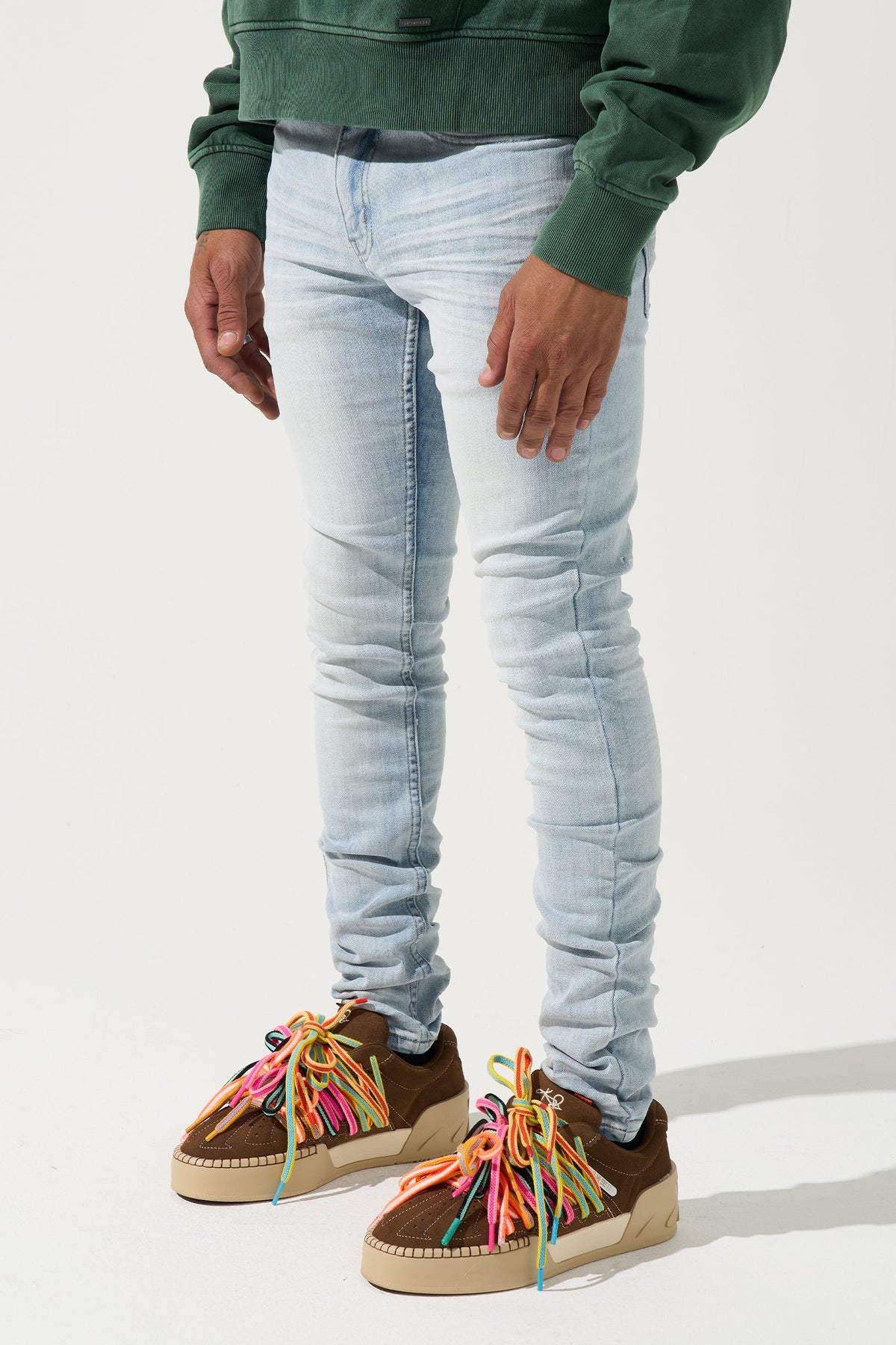Men's ICE jeans, light blue denim with ruched knees and five-pocket styling