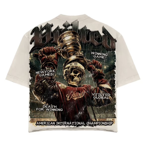 Men's white wash crewneck T-shirt with large back skull warrior graphic, short sleeves