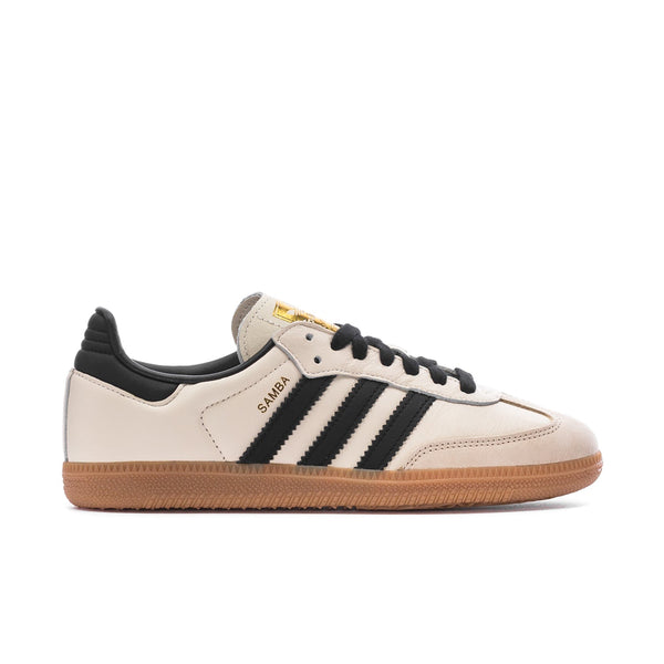 Adidas Samba OG women's sneakers in cream leather with black 3-Stripes and gum sole.
