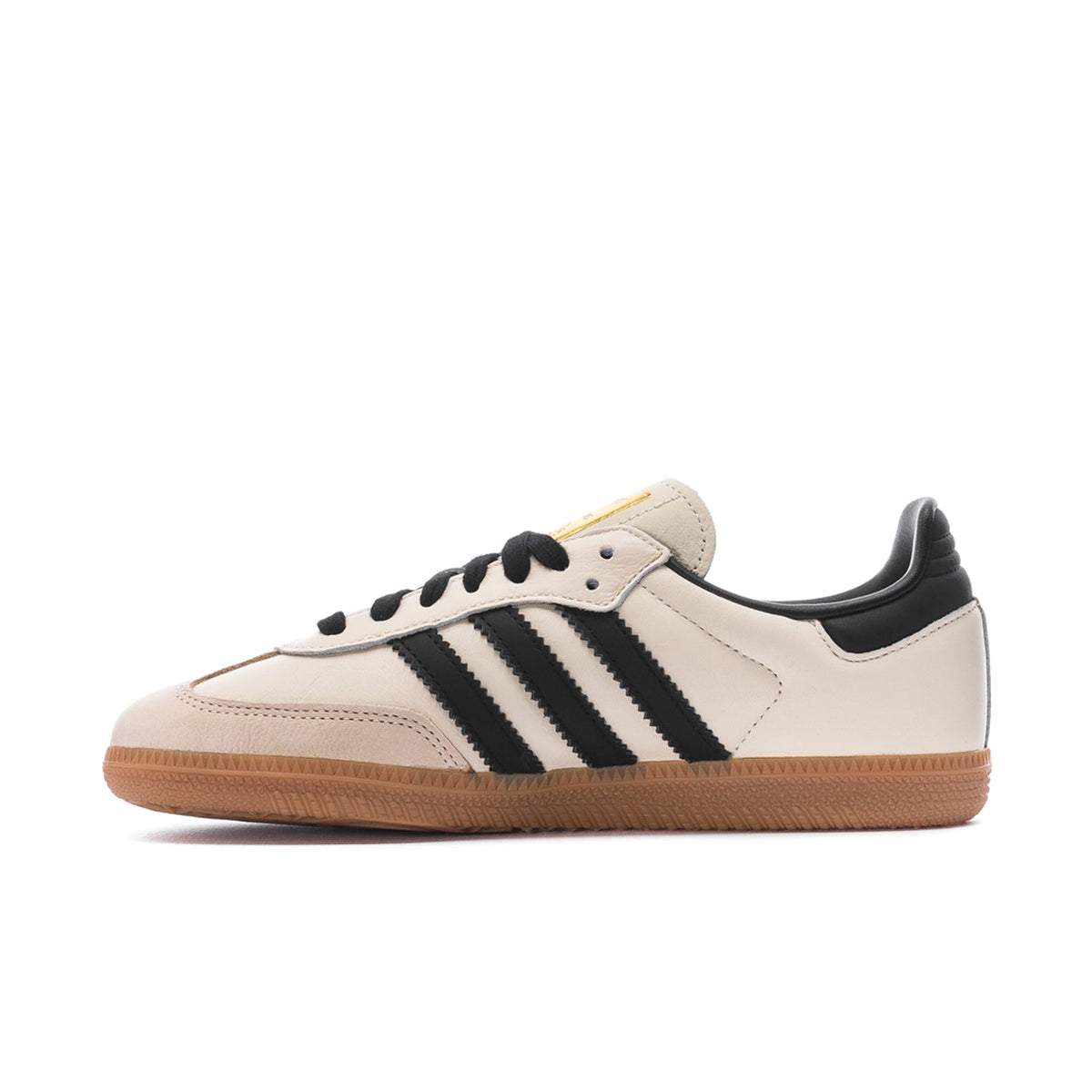 Adidas Samba OG women's sneakers, side profile in cream leather with black stripes and gum sole.