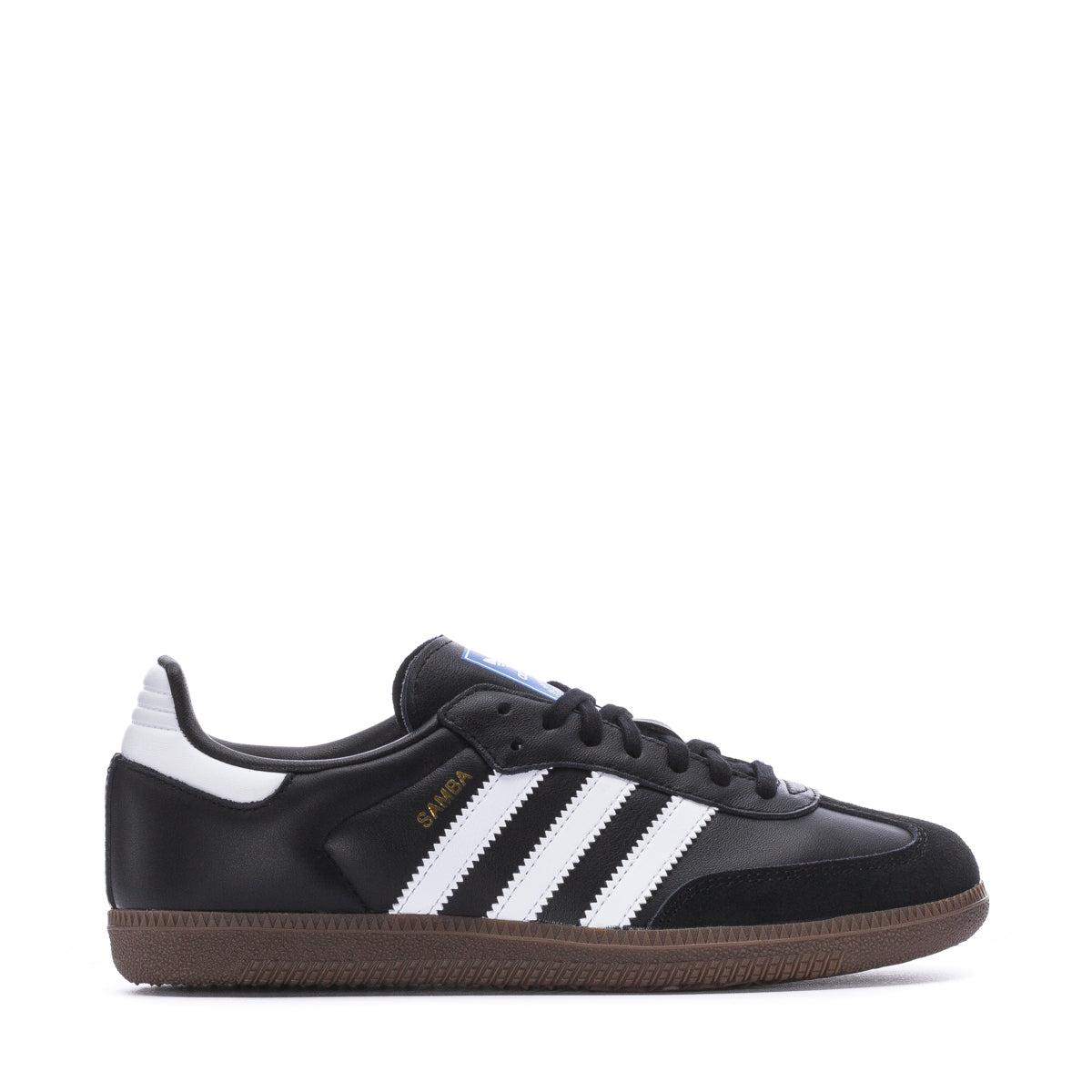 Adidas kids' Samba OG shoes in core black with white stripes and gum sole.