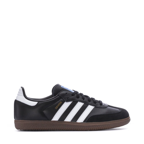 Adidas kids' Samba OG shoes in core black with white stripes and gum sole.