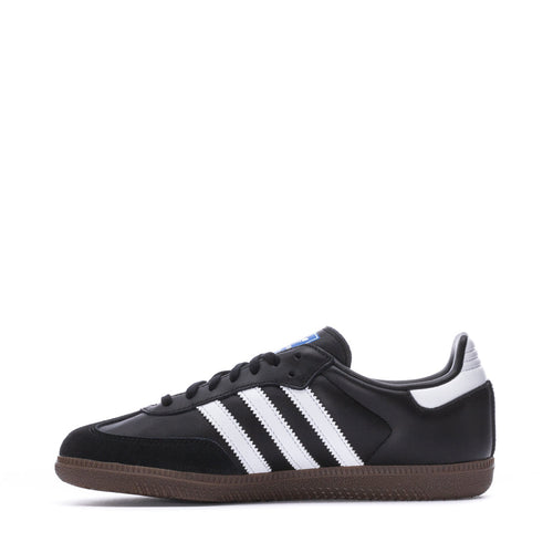 Adidas kids' Samba OG shoes, black uppers with three white stripes and gum outsole.