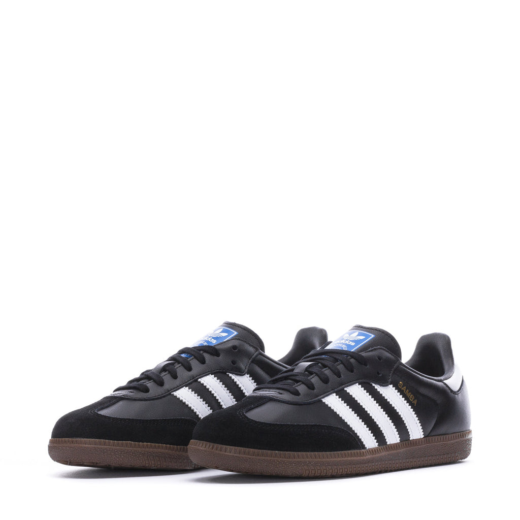 Adidas kids' Samba OG low-top sneakers, black with white stripes and gum-brown sole.