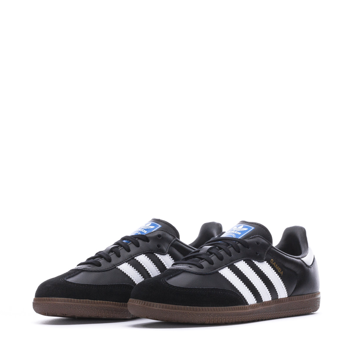 Adidas kids' Samba OG low-top sneakers, black with white stripes and gum-brown sole.