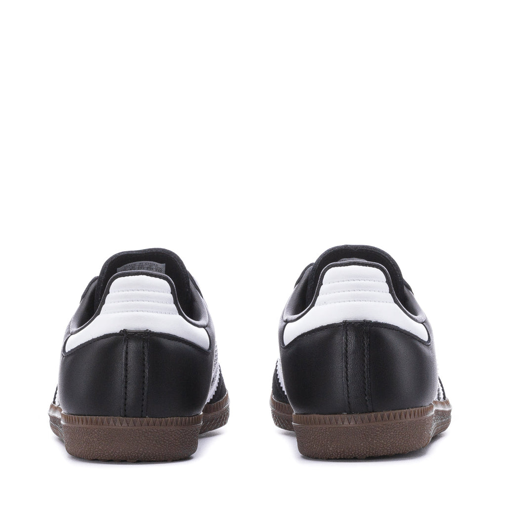Adidas kids' Samba OG shoes, black with white heel panels and gum soles.