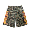 Men's camo battle shorts with cargo pockets and orange graphic side panels