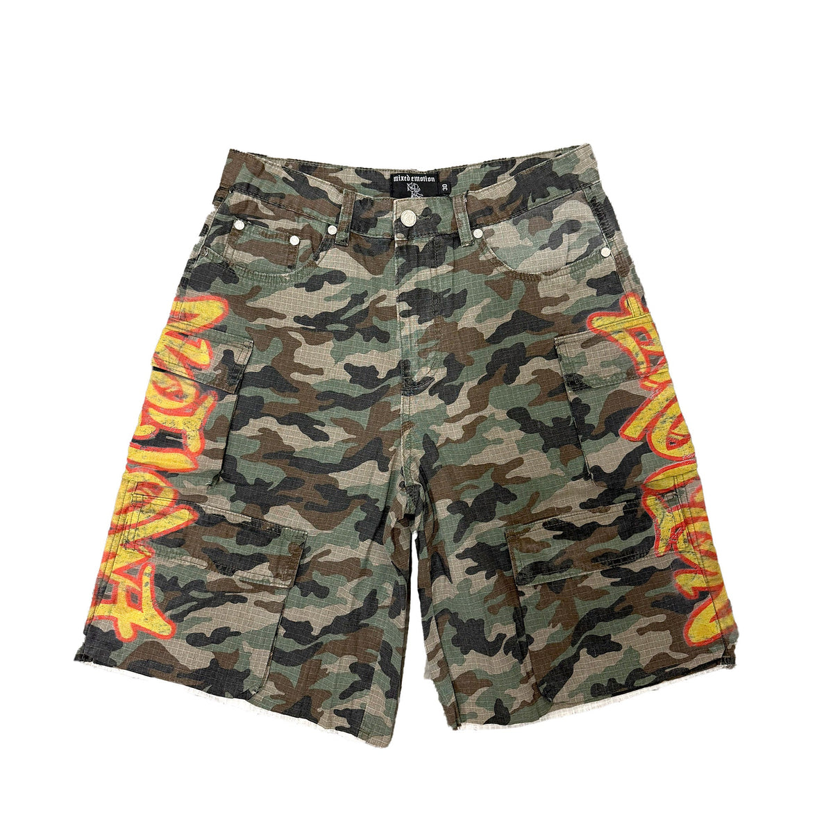 Men's camo battle shorts with cargo pockets and orange graphic side panels