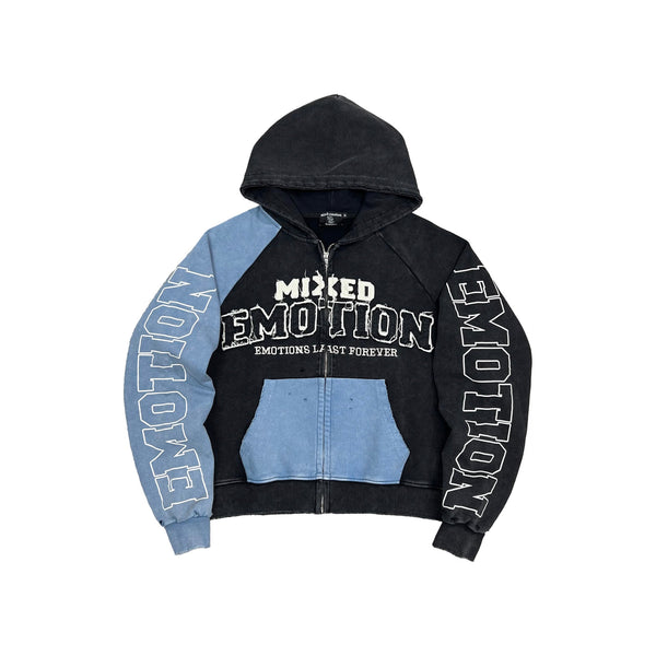 Men's split decision zip hoodie, black with light blue panels and bold front graphic