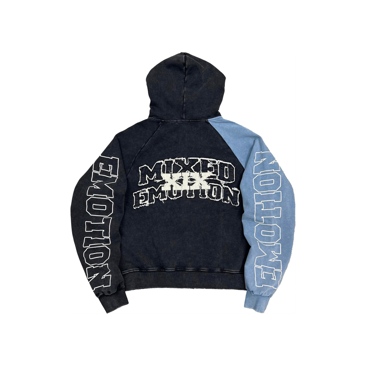 Men's split decision zip hoodie, back print with black and light blue sleeve panels