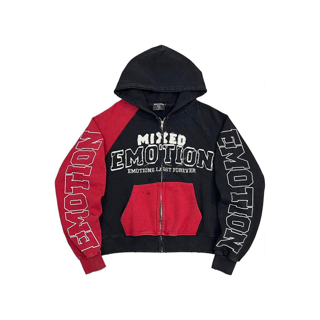 Men's zip-up split hoodie, black with red sleeves and front graphic, drawstring hood
