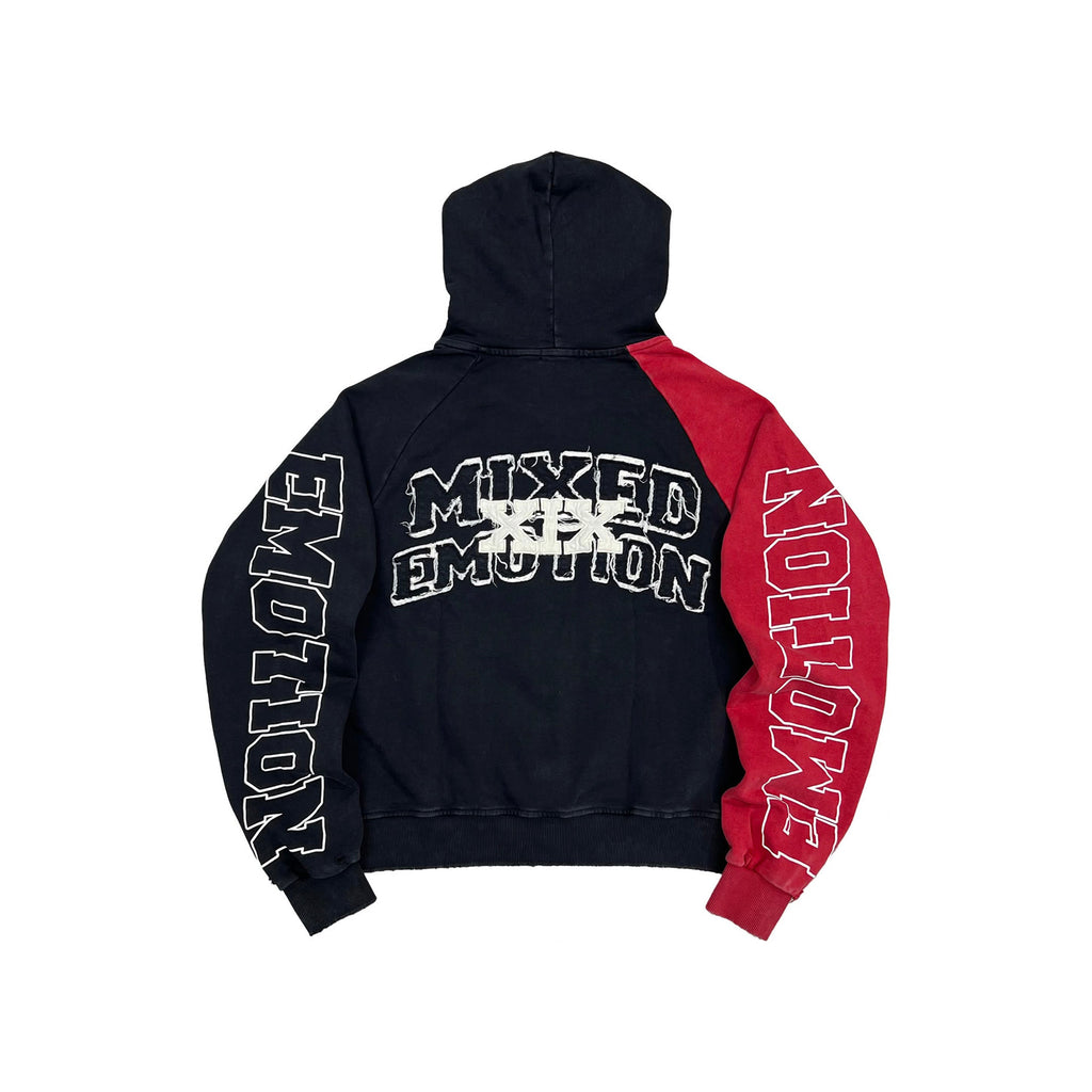 Men's zip-up split hoodie, black back with Mixed Emotion print, red-and-black sleeves