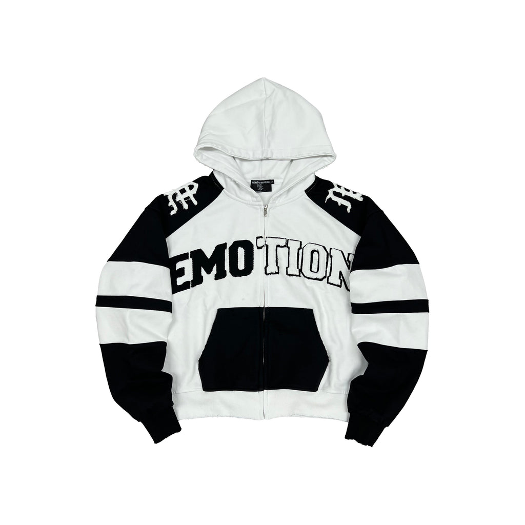 Men's varsity hoodie with white/black zip front, hood, and front 'Emotion' graphic