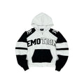 Men's varsity hoodie with white/black zip front, hood, and front 'Emotion' graphic