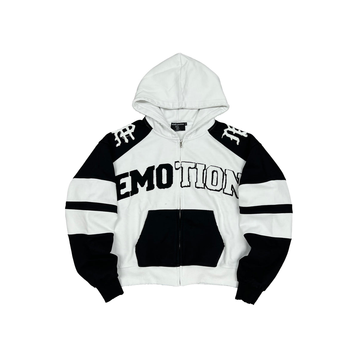 Men's varsity hoodie with white/black zip front, hood, and front 'Emotion' graphic