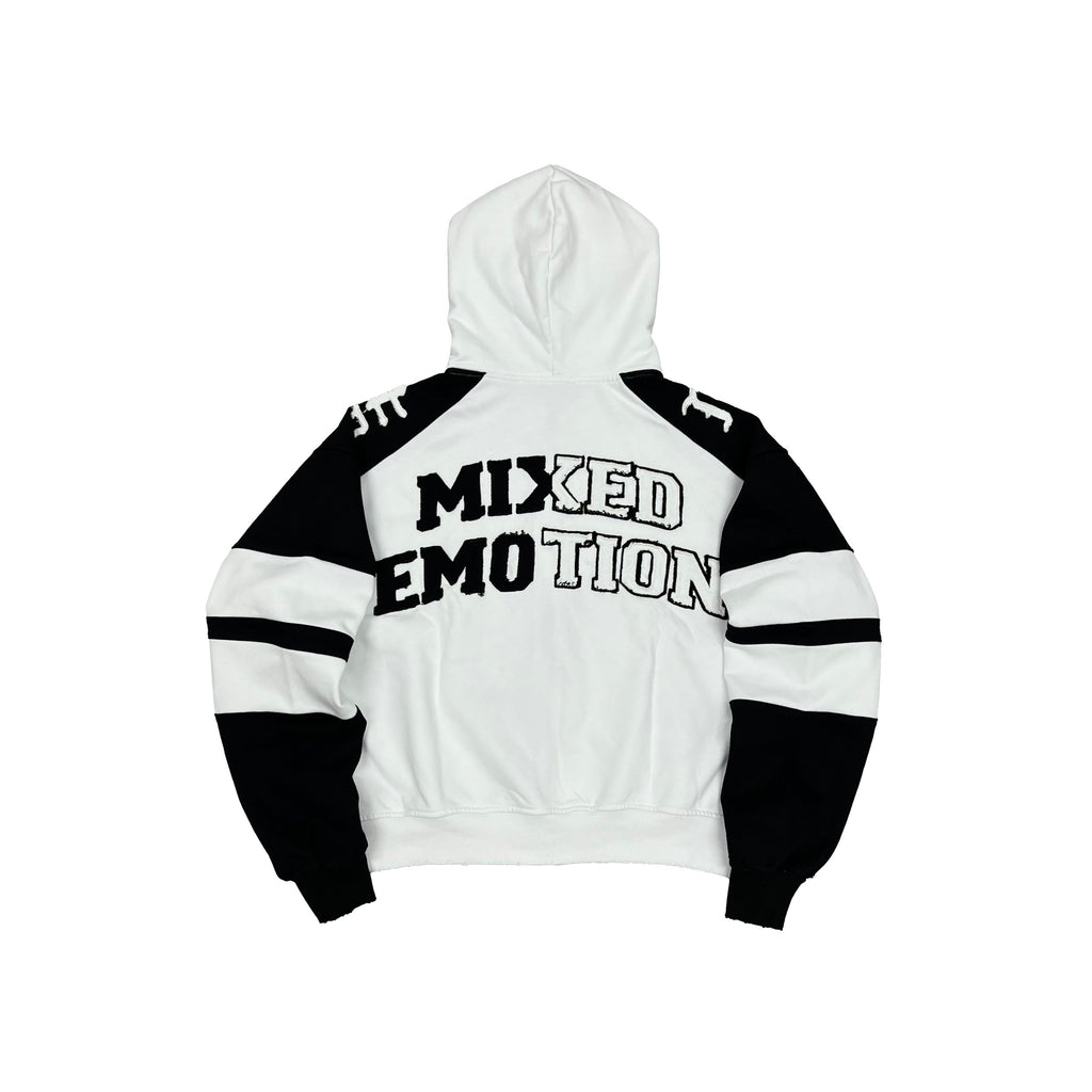Men's varsity hoodie in white/black with hood and back 'Mixed Emotion' print
