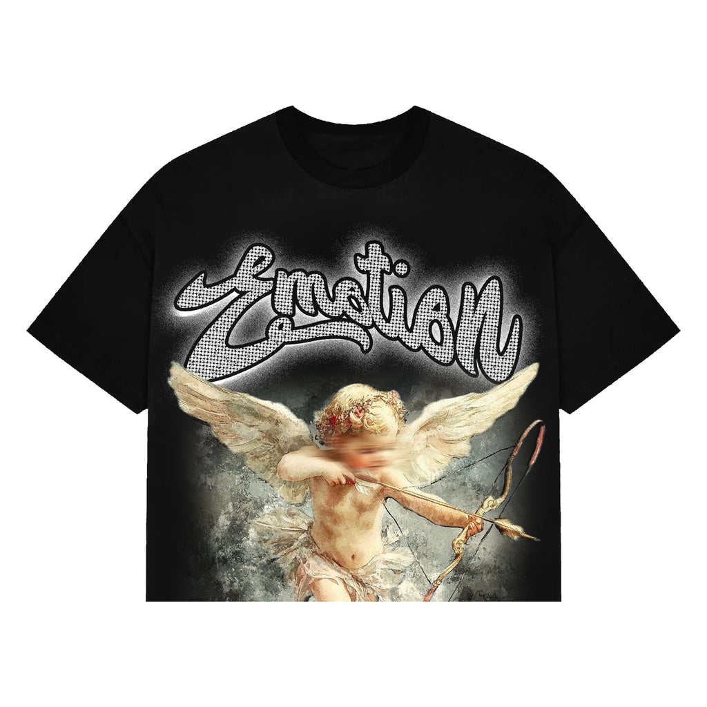 Men's black cropped tee with rhinestone angel graphic on the front