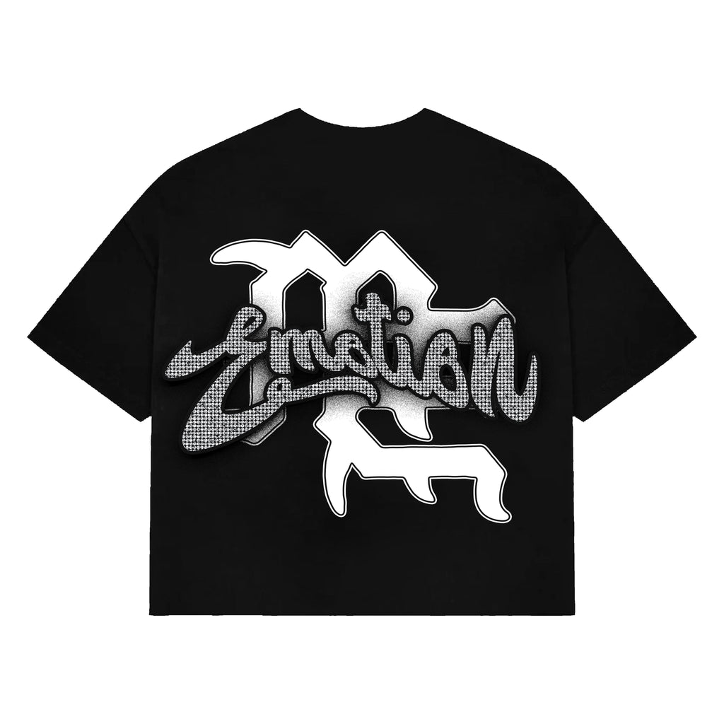 Men's black cropped tee with rhinestone logo and mascot graphic on front