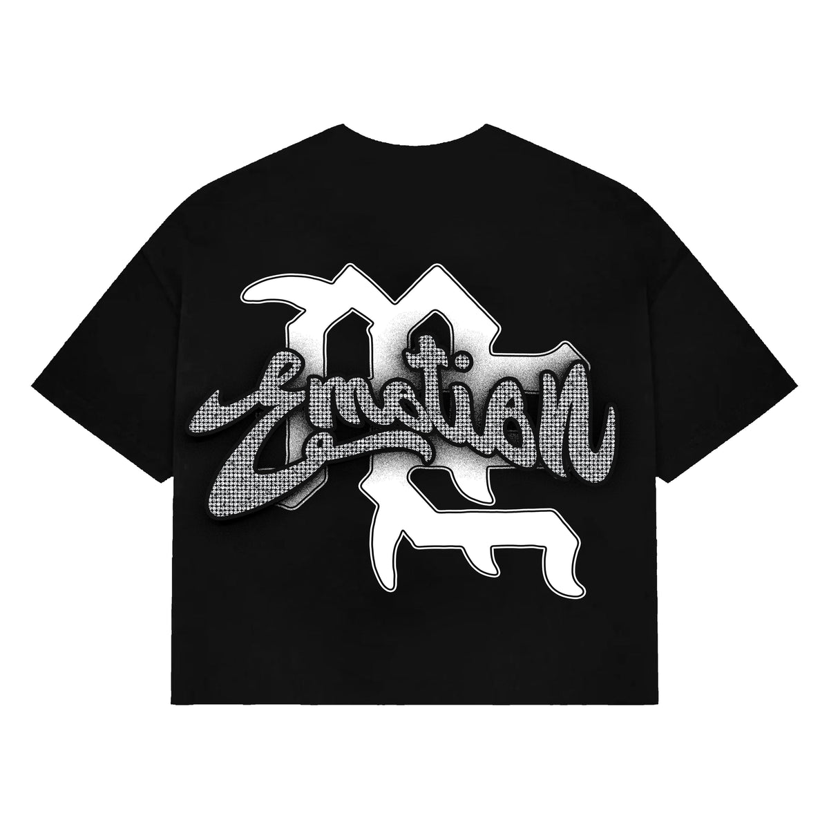 Men's black cropped tee with rhinestone logo and mascot graphic on front