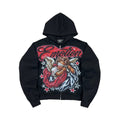 Men's black zip-up hoodie with large red and white front graphic