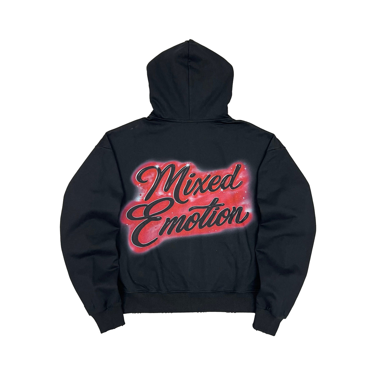 Men's black zip-up hoodie with red Mixed Emotion back graphic