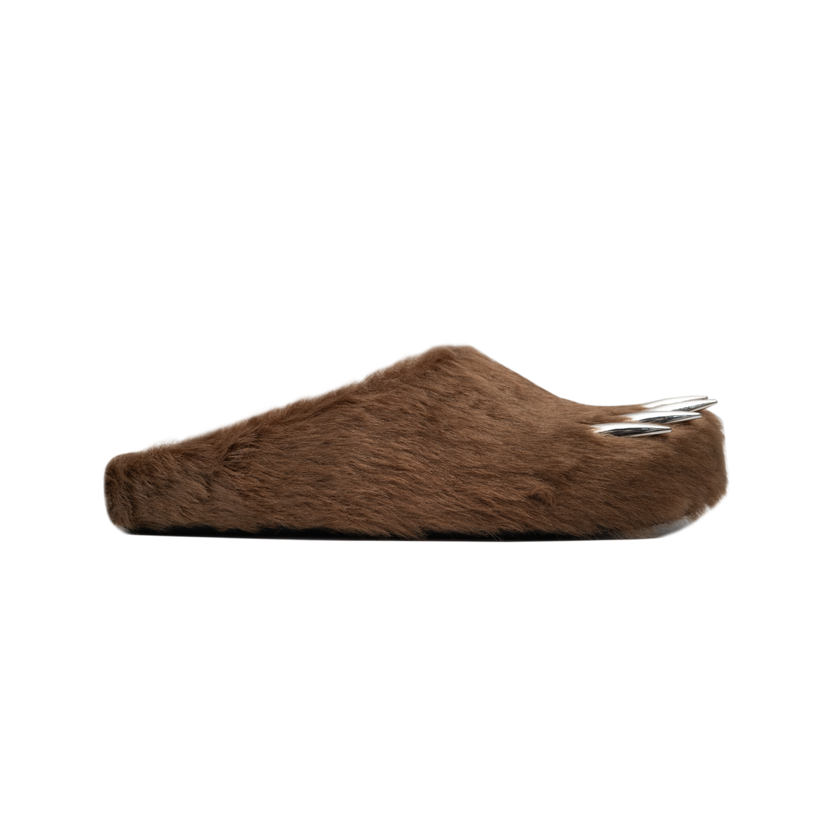 Brown bear claw mules with metal-claw spike accents, side view