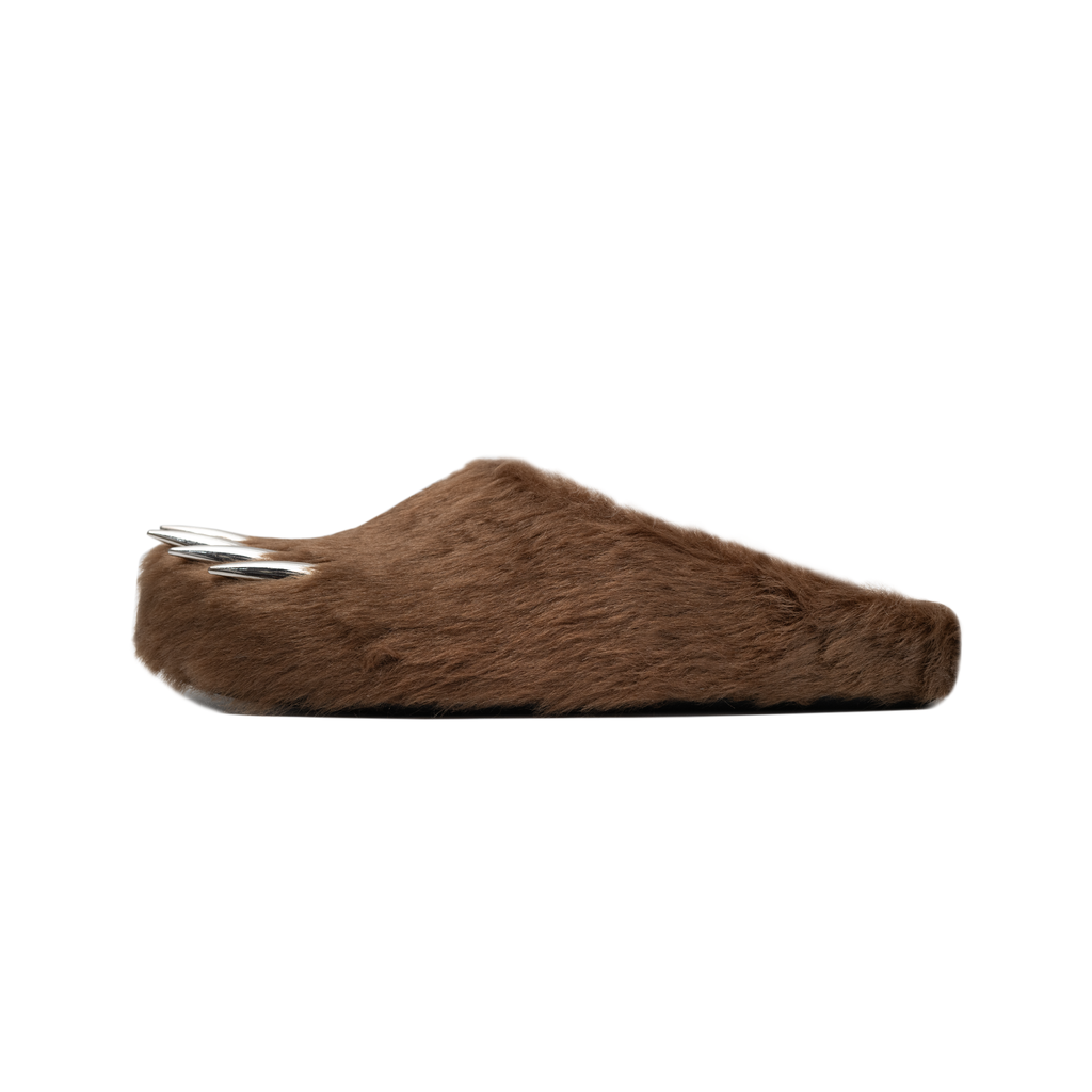 Brown bear claw mules with metal-claw spike accents, angled side view