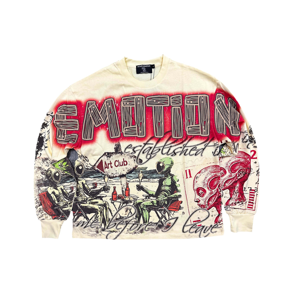 Men's cream long-sleeve T-shirt with red graphic 'Mixed Emotion' front