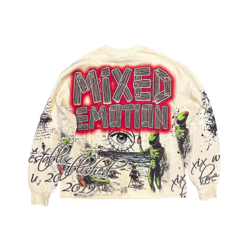 Men's cream long-sleeve T-shirt with large red 'MIXED EMOTION' back print