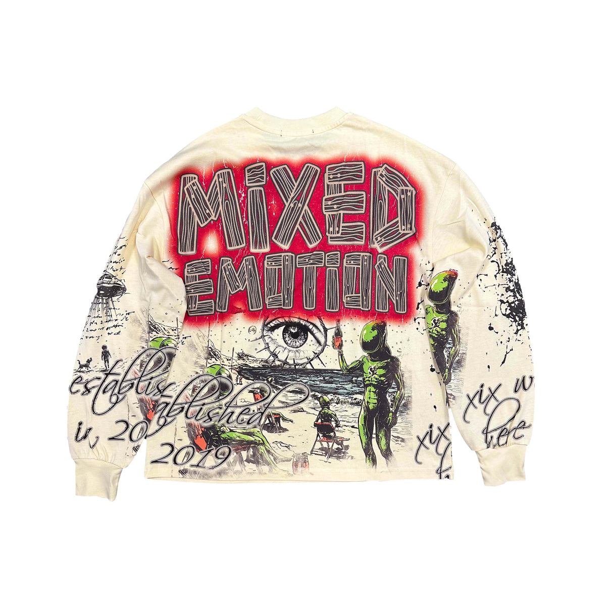 Men's cream long-sleeve T-shirt with large red 'MIXED EMOTION' back print