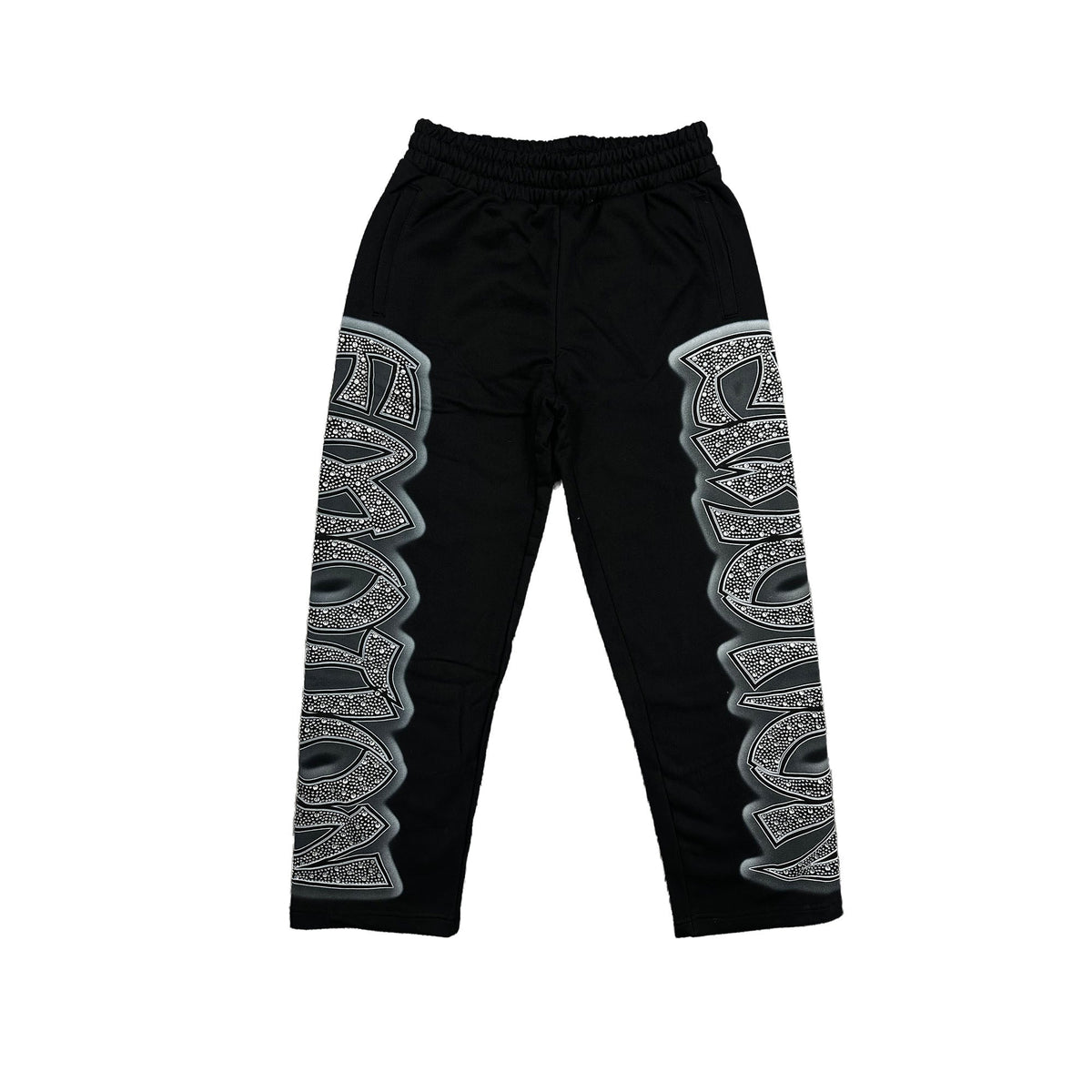 Men's black rhinestone sweatpants with ornate side stripe, elastic waistband