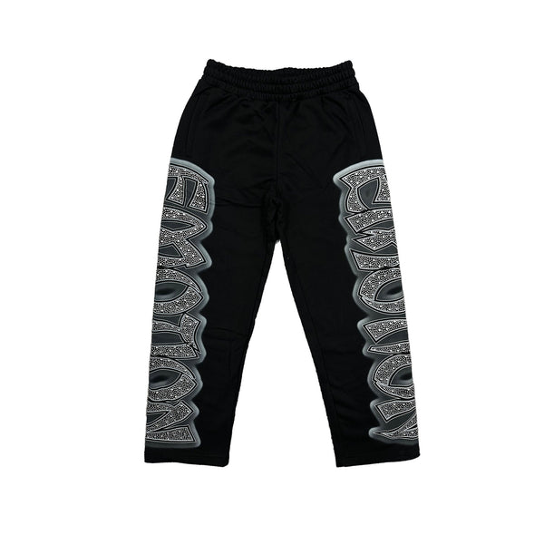 Men's black rhinestone sweatpants with ornate side stripe, elastic waistband