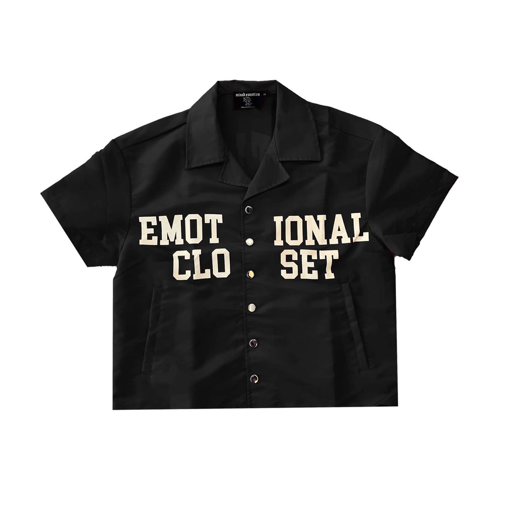 Men's black nylon button-up shirt with 'EMOTIONAL CLOSET' front graphic