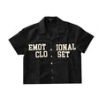 Men's black nylon button-up shirt with 'EMOTIONAL CLOSET' front graphic