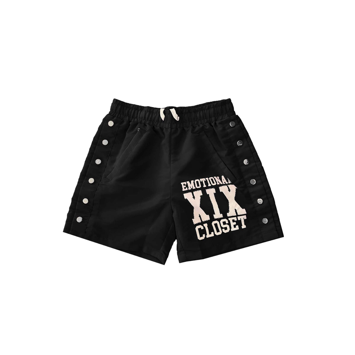 Men's black nylon shorts with drawstring waist, side eyelet details, graphic logo
