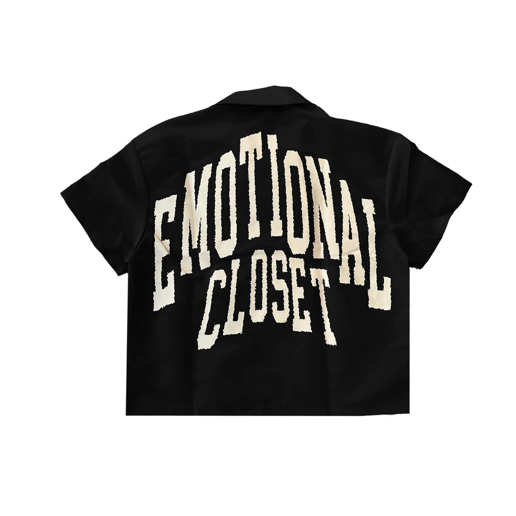 Men's black nylon button-up shirt with large 'EMOTIONAL CLOSET' back graphic