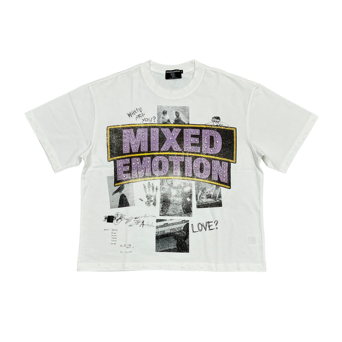 Men's white crew-neck graphic T-shirt with 'Mixed Emotion' collage print, front view