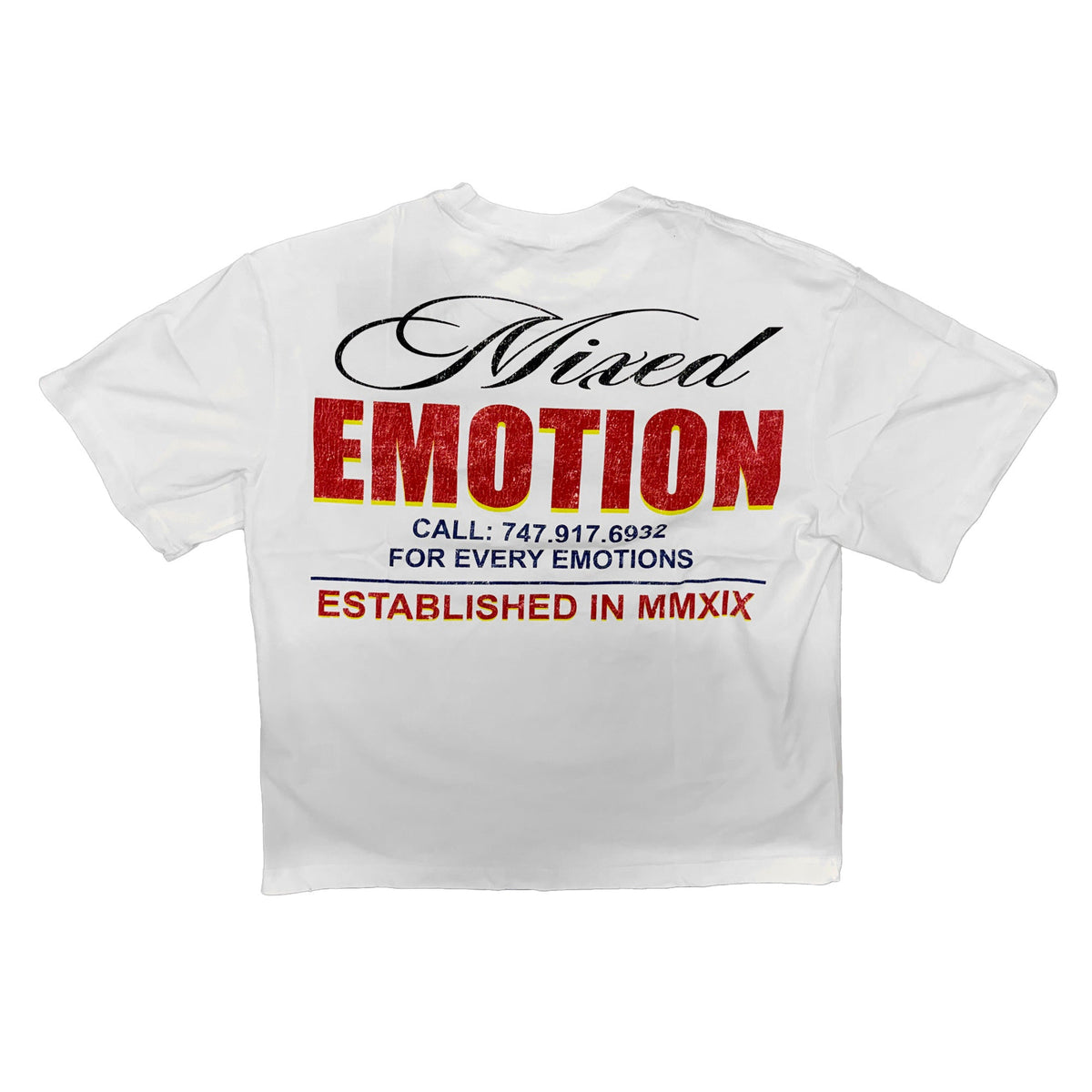 Men's white T-shirt back with large 'Mixed Emotion' text and phone number