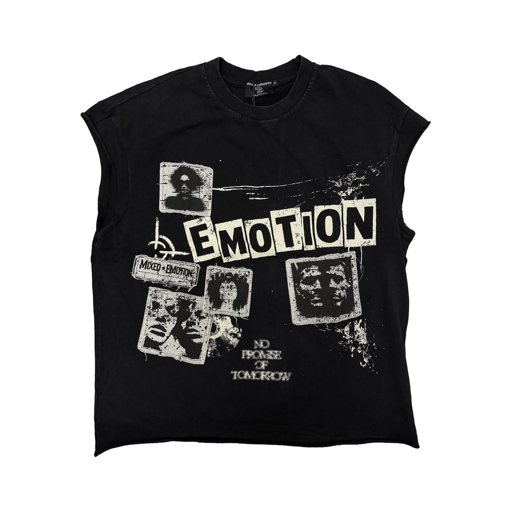 Men's black sleeveless tee with collage graphic and large 'EMOTION' text on front