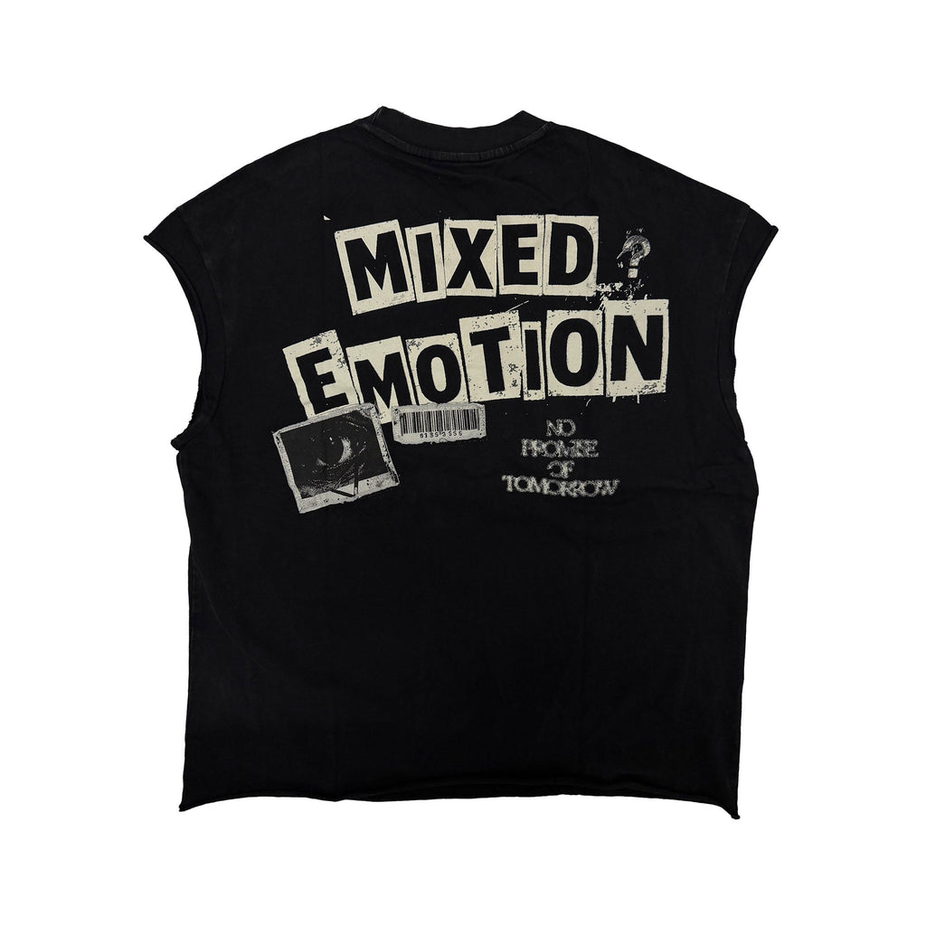 Men's black sleeveless tee with 'MIXED EMOTION' logo and barcode graphic on front