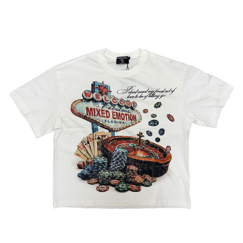 Men's white graphic T-shirt with colorful lottery-style 'Mixed Emotion' print