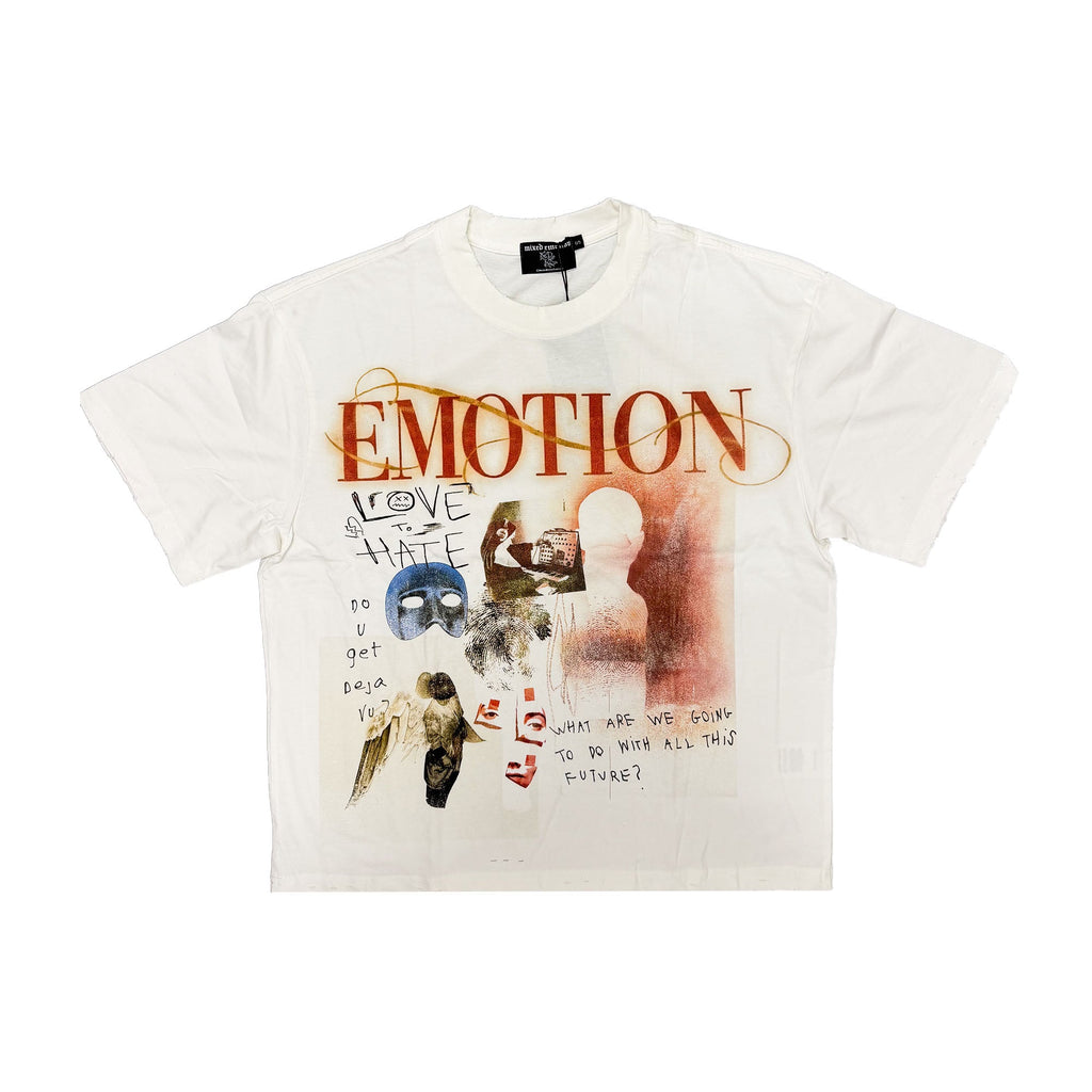 Men's white graphic tee with 'EMOTION' orange text and collage front print
