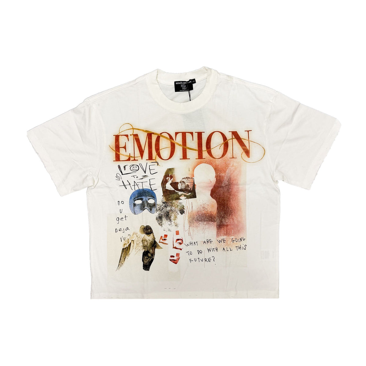 Men's white graphic tee with 'EMOTION' orange text and collage front print