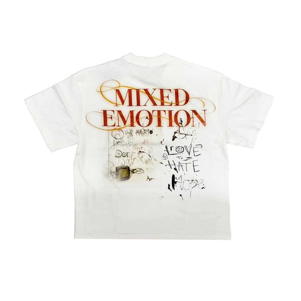 Men's white graphic tee with 'MIXED EMOTION' logo and text collage back print
