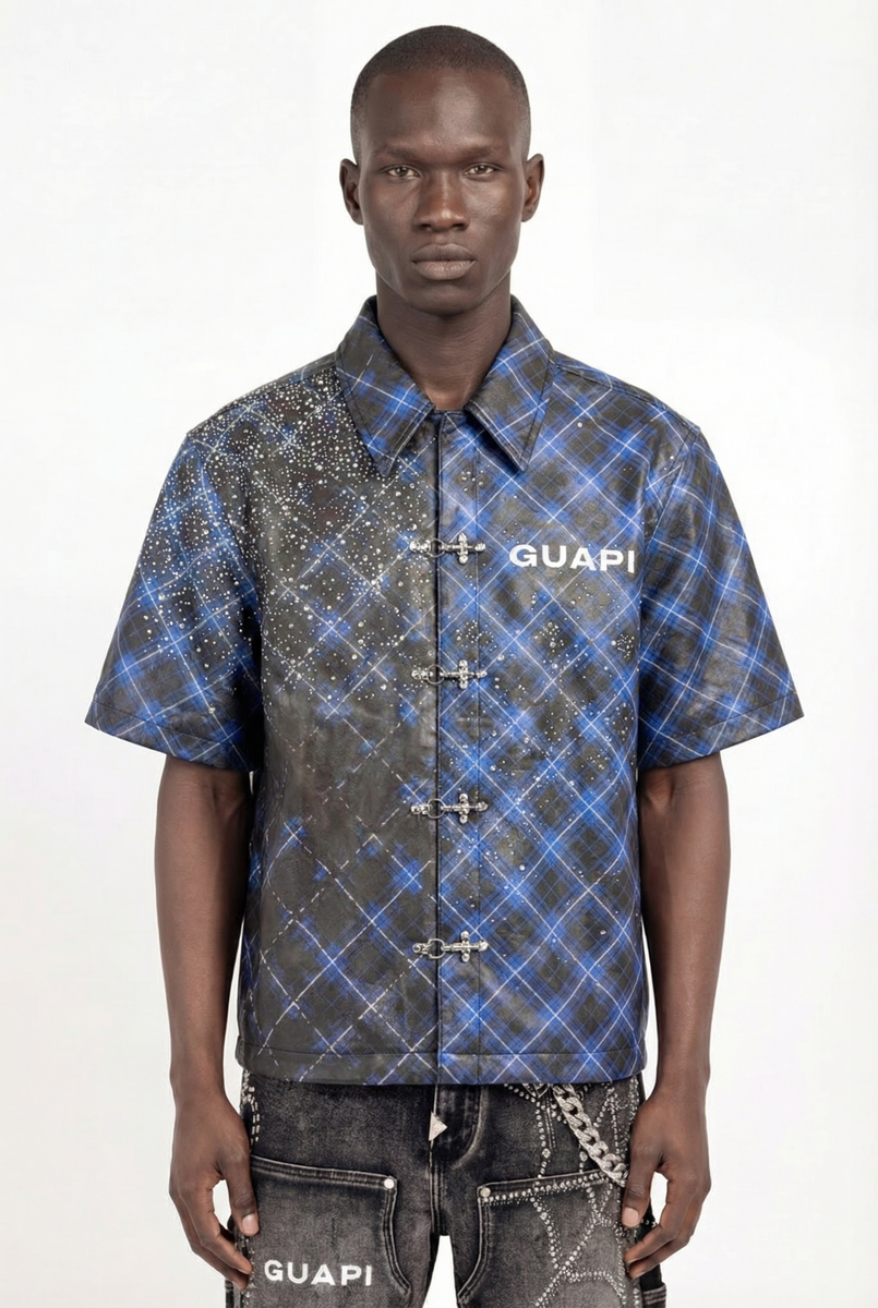 GUAPI men's blue patterned short-sleeve button-up shirt with plaid and speckled print