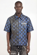 GUAPI men's blue patterned short-sleeve button-up shirt with plaid and speckled print